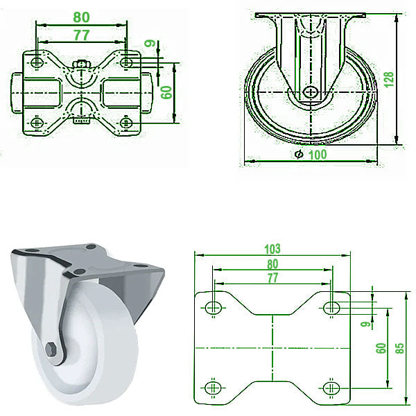 Dark Green 100mm Stainless Steel Swivel, Fixed & Total Stop Braked Castor with Nylon Wheel 200kg Load Capacity