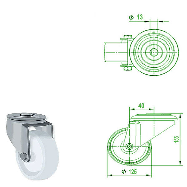 Lavender 125mm Stainless Steel Swivel & Braked Bolt Hole Castor with Nylon Wheel 200kg Load Capacity