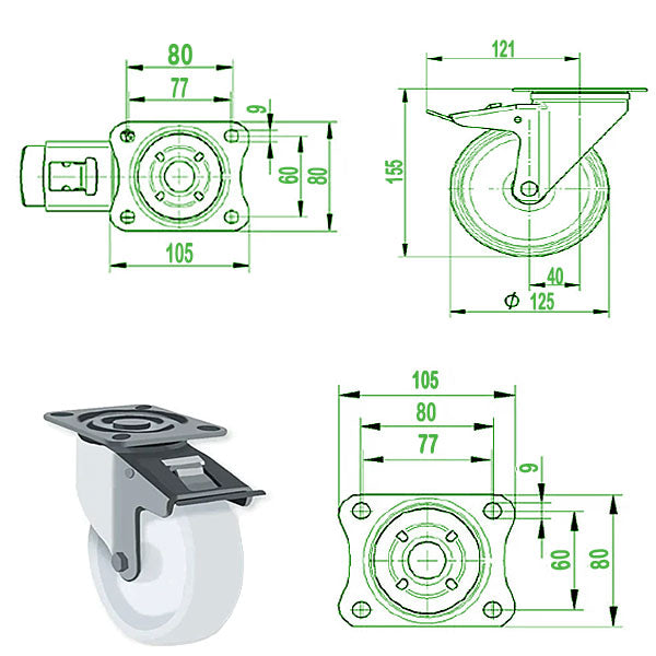 Beige 125mm Stainless Steel Swivel, Fixed & Braked Castor with Nylon Wheel 250kg Load Capacity