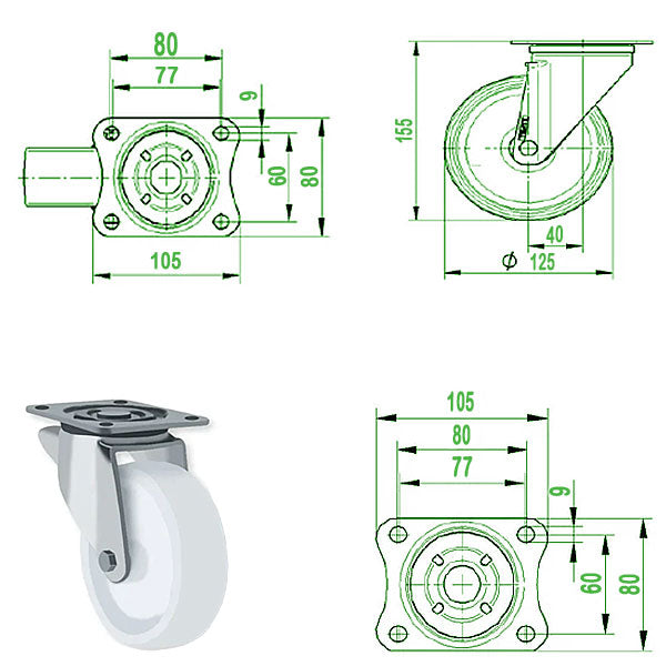 Lavender 125mm Stainless Steel Swivel, Fixed & Braked Castor with Nylon Wheel 250kg Load Capacity