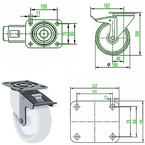 Dark Slate Gray 160mm Stainless Steel Swivel, Fixed & Total Stop Braked Castor With 4 Bolt Plate Fitting 500kg Load Capacity