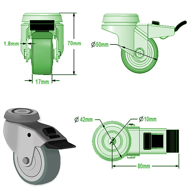 Light Gray 50mm Swivel & Braked Apparatus Castor with Wheel Brake ,Single Bolt Fitting & Grey Non Marking Wheel 40Kg Load Capacity