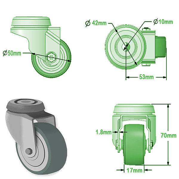 Light Gray 50mm Swivel & Braked Apparatus Castor with Wheel Brake ,Single Bolt Fitting & Grey Non Marking Wheel 40Kg Load Capacity