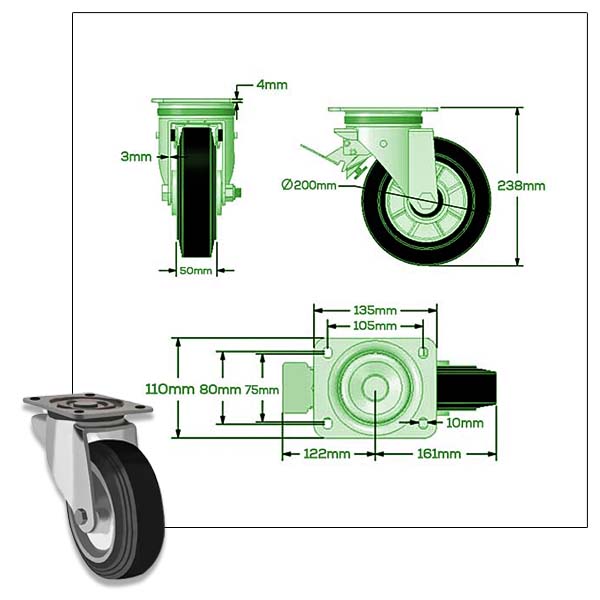 Light Gray 200mm Swivel, Fixed & Brake Waste Container Castors with Black Rubber Tyre, Steel Centre Wheel