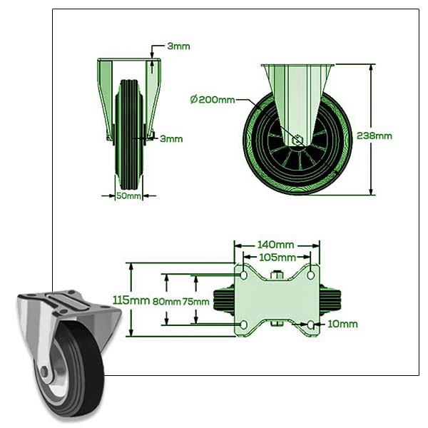 Black 200mm Swivel, Fixed & Brake Waste Container Castors with Black Rubber Tyre, Steel Centre Wheel