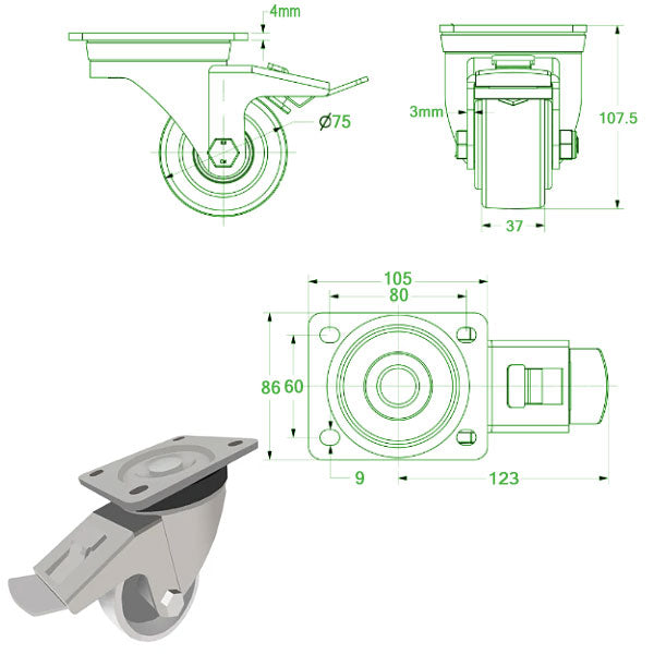 Light Gray 75mm Heavy Duty Swivel, Fixed & Braked Castors Solid White Nylon Wheel 400Kg Load Capacity