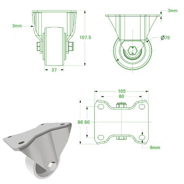 Light Gray 75mm Heavy Duty Swivel, Fixed & Braked Castors Solid White Nylon Wheel 400Kg Load Capacity