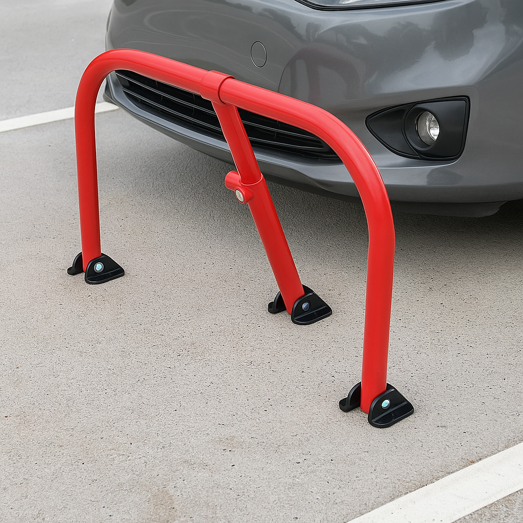 Heavy-Duty Red Fold-Down Hoop Barrier with Integral Lock  