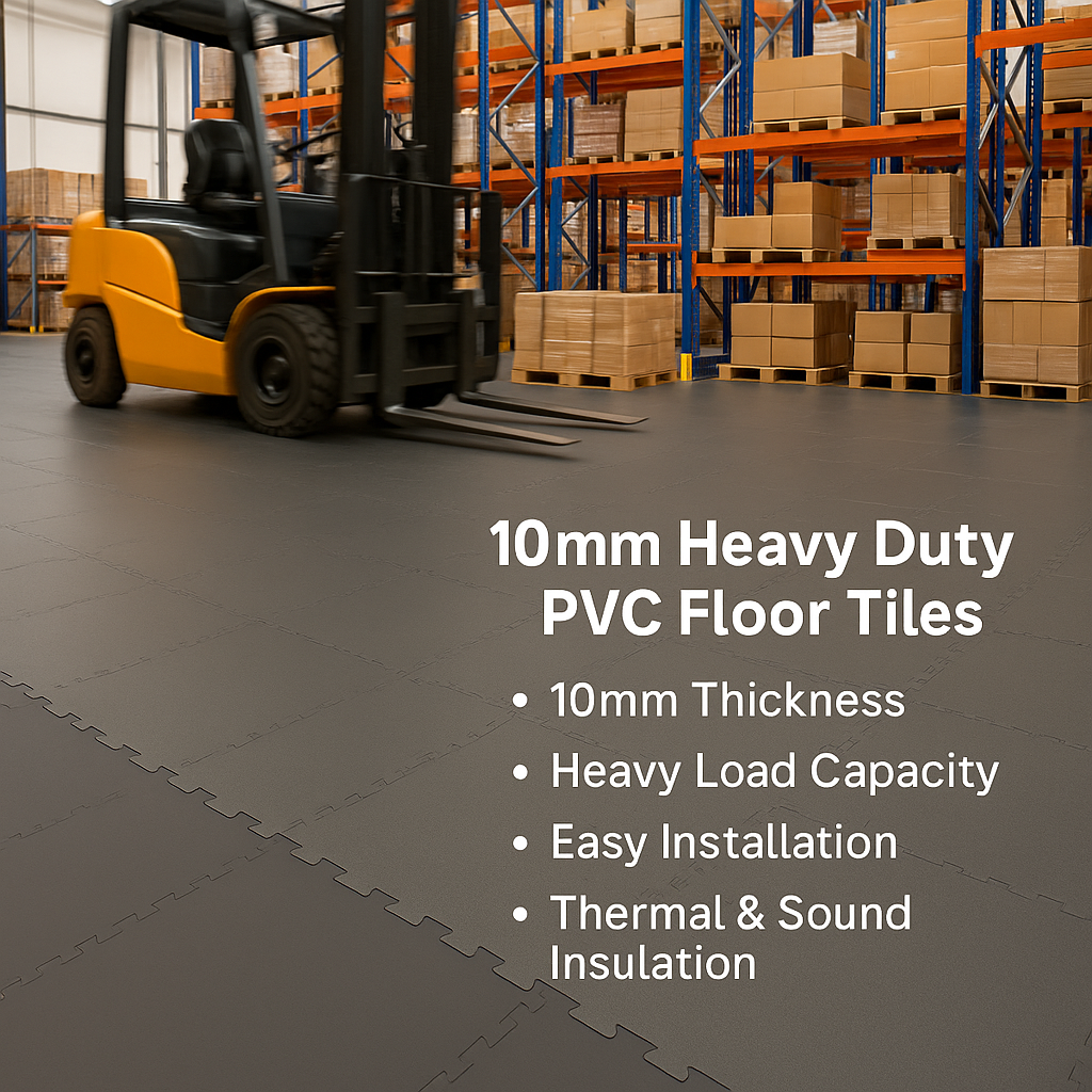Dim Gray 10mm Interlocking PVC Floor Tiles – Heavy Duty Industrial Flooring for Garages, Warehouses & Commercial Use