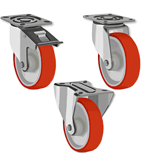 Gray 100mm Medium Duty Swivel, Fixed & Braked Castors with Red Polyurethane Wheel 150kg Load Capacity