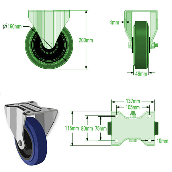 Dark Slate Gray 160mm Swivel, Fixed & Total Stop Braked Castors with Blue Elastic Rubber Tyred Wheel 350Kg Load Capacity