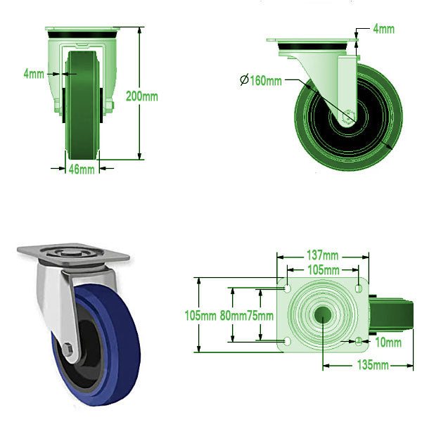 Beige 160mm Swivel, Fixed & Total Stop Braked Castors with Blue Elastic Rubber Tyred Wheel 350Kg Load Capacity