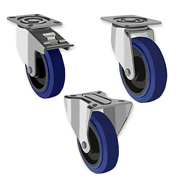 Dark Slate Gray 160mm Swivel, Fixed & Total Stop Braked Castors with Blue Elastic Rubber Tyred Wheel 350Kg Load Capacity