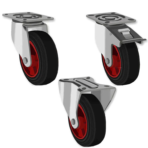 Light Gray 160mm Swivel, Fixed & Braked Castors with Black Rubber Tyred Wheel 175kg Load Capacity