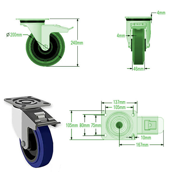 Dark Slate Gray 200mm Swivel, Fixed & Braked Castors with Blue Elastic Rubber Tyred Wheel Total Stop Brake 400kg Load Capacity