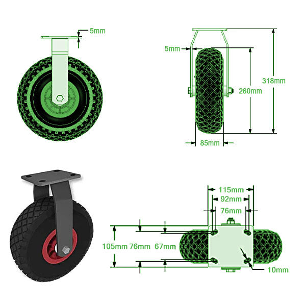 Beige 260mm Pneumatic Industrial Fixed Castor with Plastic Wheel Fitted With Pneumatic tyre - 130KG Load Capacity