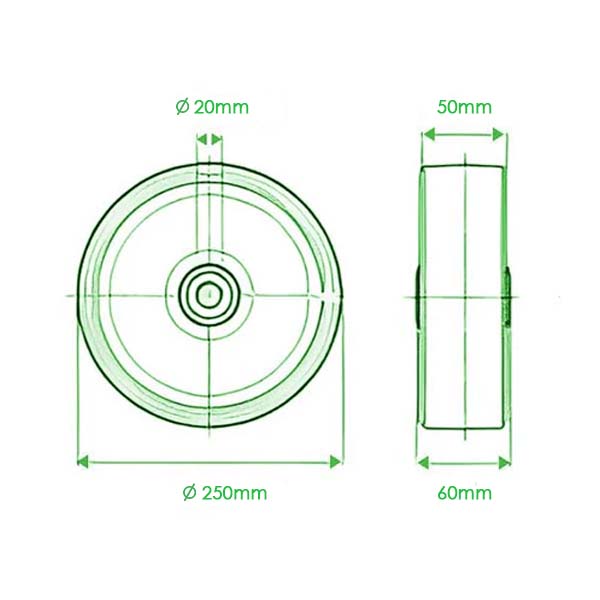 Honeydew 250mm Polyurethane Tyre on Cast Iron Centre Wheel 20mm Bore