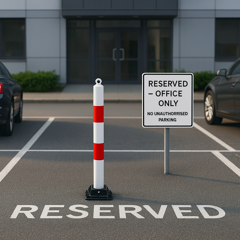 Red & White Fold-Down Parking Post with Built-In Lock & Eyelet 2