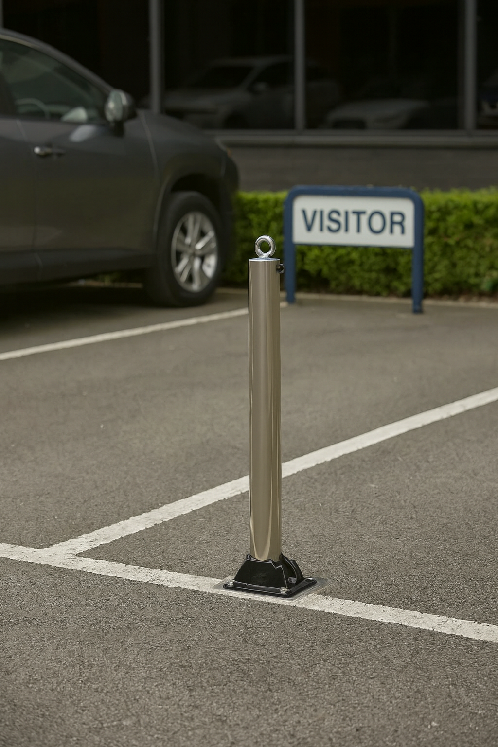 Stainless Steel Fold-Down Parking Post with Ground Spigot & Top Eyelet 1