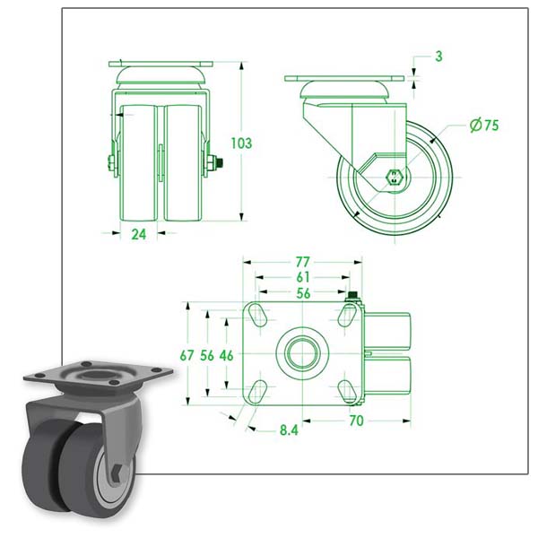 Dark Slate Gray 75mm Apparatus Castor Swivel & Total Stop Brake, 4 Bolt Fitting & Twin Grey Non Marking Wheel With Single Bolt Fitting