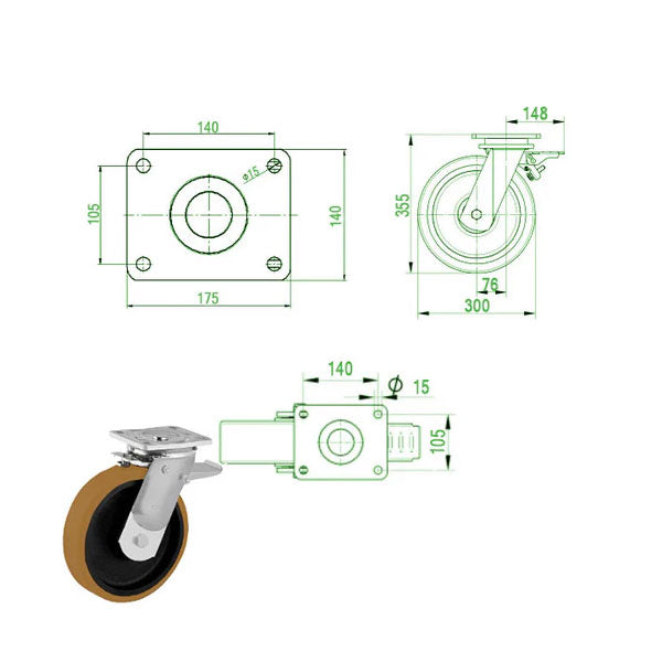 Beige 300mm Ultra Heavy Duty Swivel Fixed & Total Stop Braked Castor With 4 Bolt Fixing Plate 2000kg Load Capacity