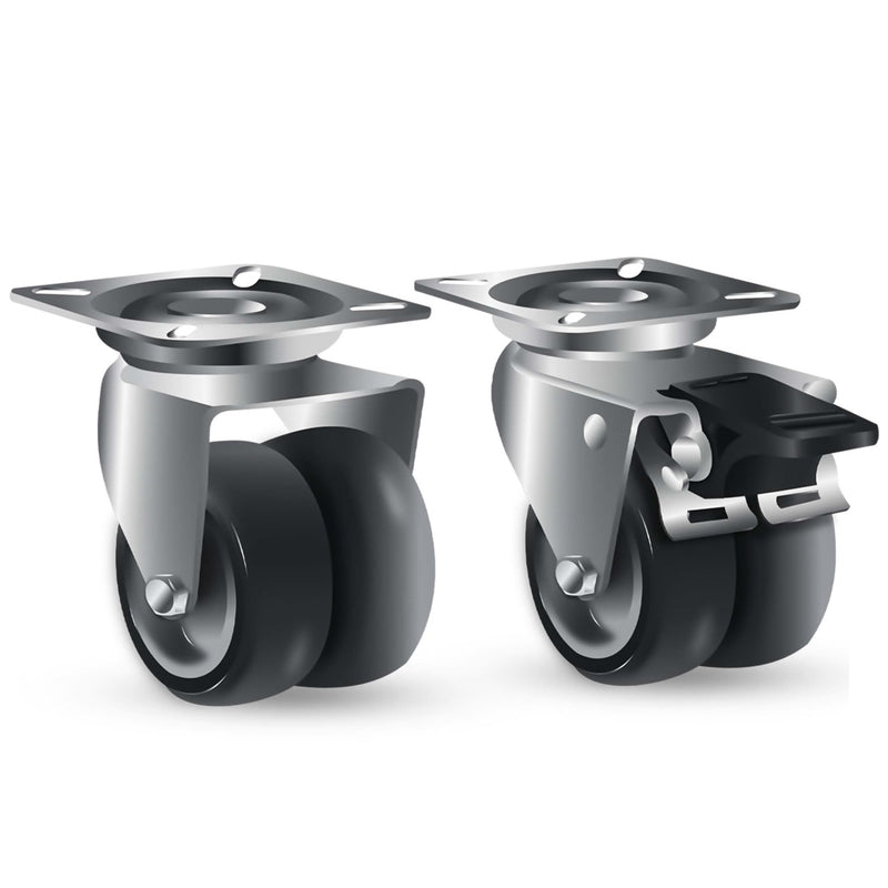 Dark Slate Gray 50mm Swivel & Total Stop Brake Castor, 4 Bolt Fitting & Twin Grey Non Marking Wheel 60kg Load Capacity