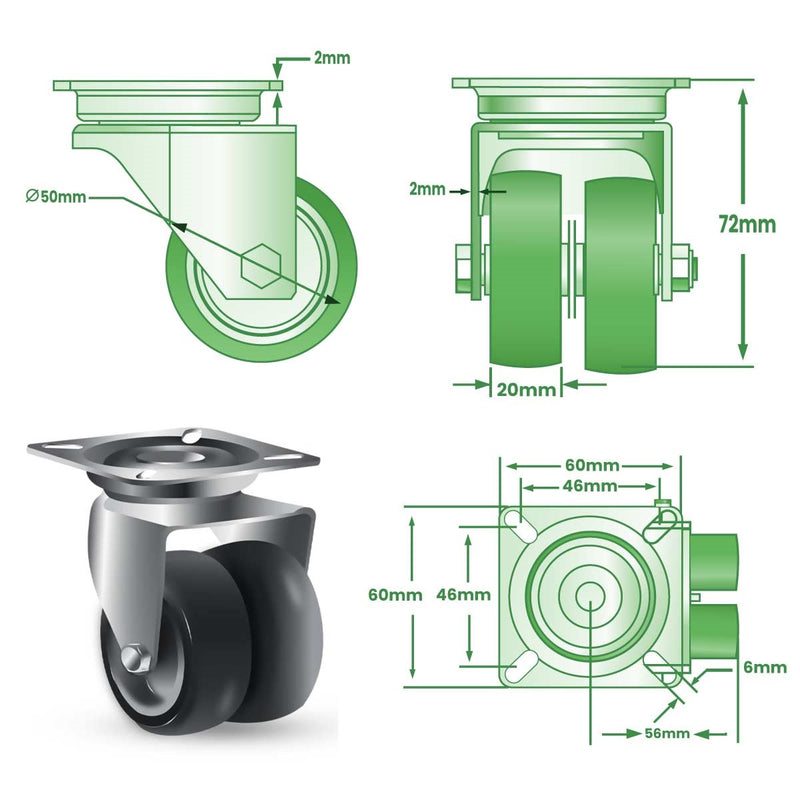 Light Gray 50mm Swivel & Total Stop Brake Castor, 4 Bolt Fitting & Twin Grey Non Marking Wheel 60kg Load Capacity