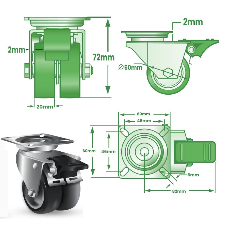 Light Gray 50mm Swivel & Total Stop Brake Castor, 4 Bolt Fitting & Twin Grey Non Marking Wheel 60kg Load Capacity