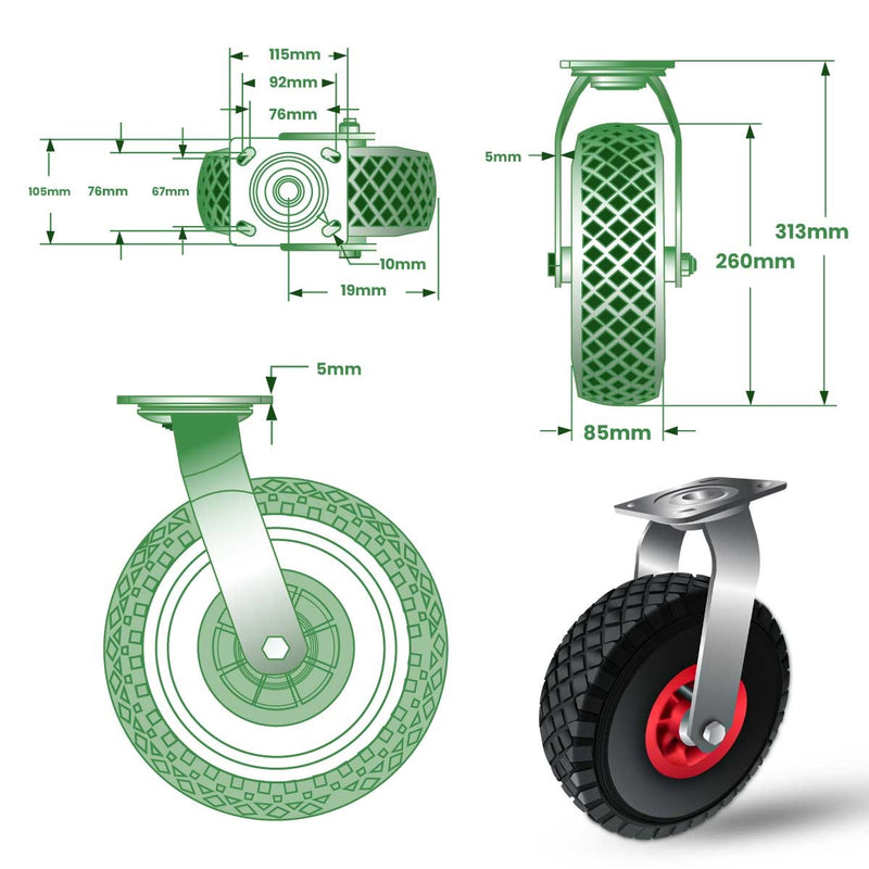 Dark Sea Green 260mm Pneumatic Industrial Swivel Castor with Plastic Wheel Fitted With Pneumatic Tyre - 136KG Load Capacity