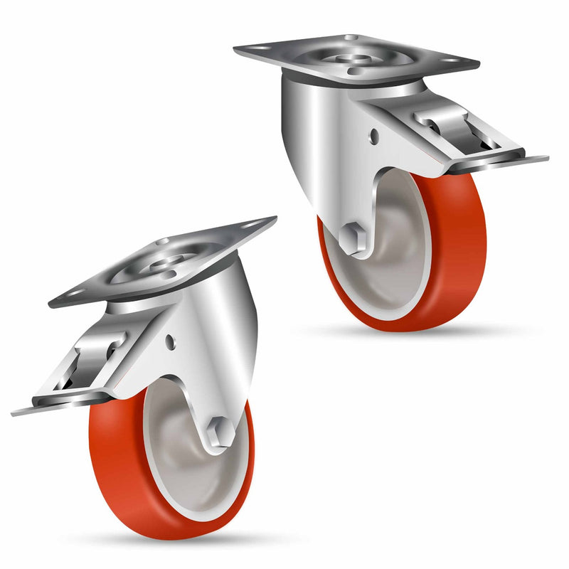 Gray 100mm Medium Duty Swivel, Fixed & Braked Castors with Red Polyurethane Wheel 150kg Load Capacity