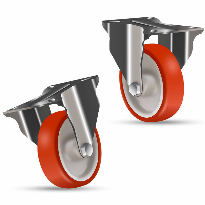 Rosy Brown 100mm Medium Duty Swivel, Fixed & Braked Castors with Red Polyurethane Wheel 150kg Load Capacity