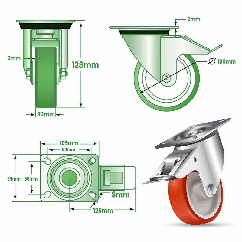 Light Gray 100mm Medium Duty Swivel, Fixed & Braked Castors with Red Polyurethane Wheel 150kg Load Capacity