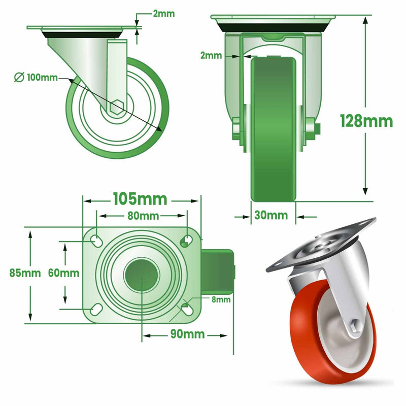 Sea Green 100mm Medium Duty Swivel, Fixed & Braked Castors with Red Polyurethane Wheel 150kg Load Capacity