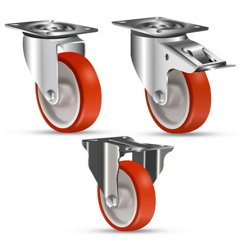 Gray 100mm Medium Duty Swivel, Fixed & Braked Castors with Red Polyurethane Wheel 150kg Load Capacity