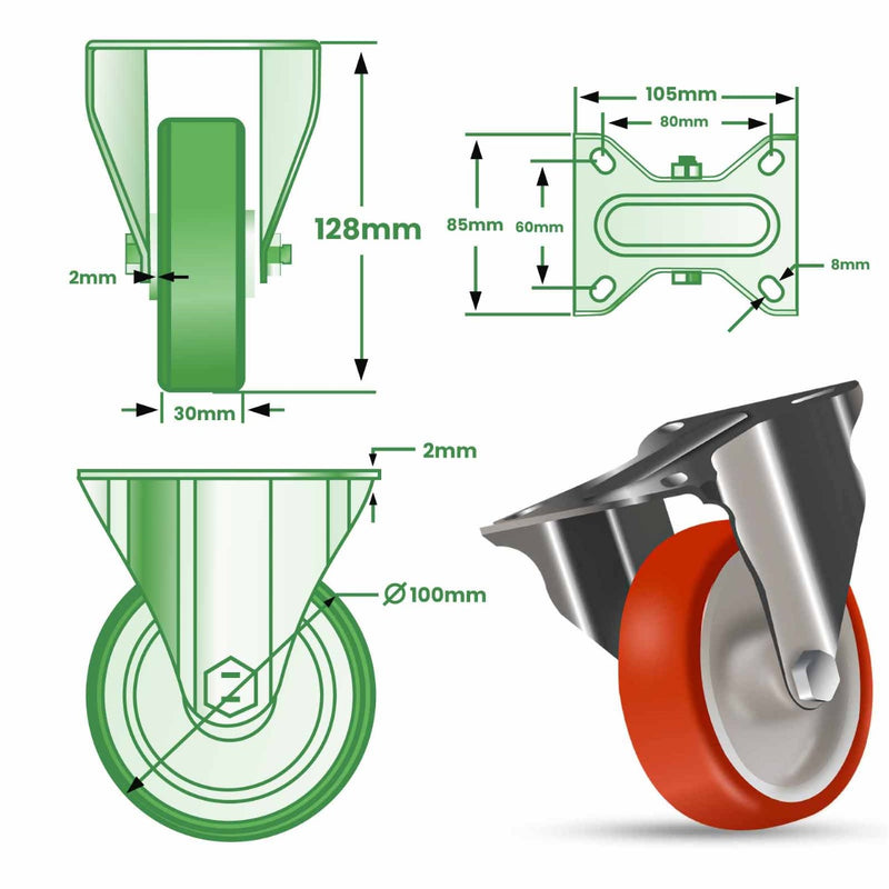 Dark Olive Green 100mm Medium Duty Swivel, Fixed & Braked Castors with Red Polyurethane Wheel 150kg Load Capacity