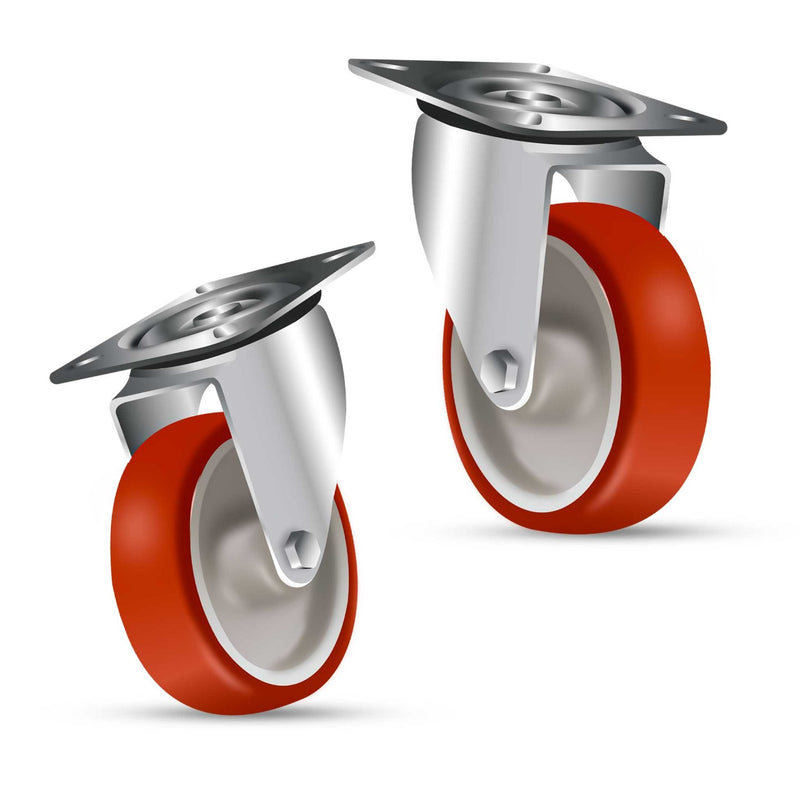 Gray 100mm Medium Duty Swivel, Fixed & Braked Castors with Red Polyurethane Wheel 150kg Load Capacity