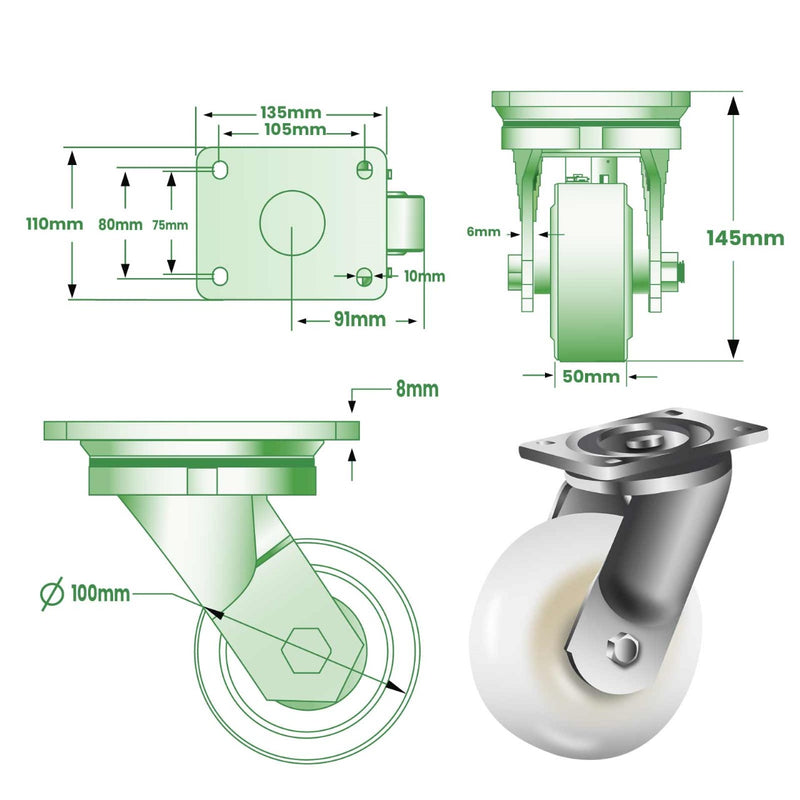 Light Gray 100mm Ultra Heavy Duty Swivel & Fixed Castor with Cast Nylon Ball Bearing Wheel