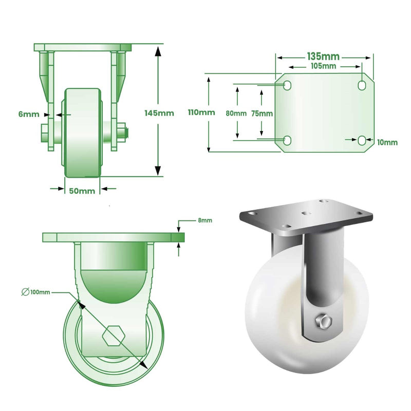 Beige 100mm Ultra Heavy Duty Swivel & Fixed Castor with Cast Nylon Ball Bearing Wheel