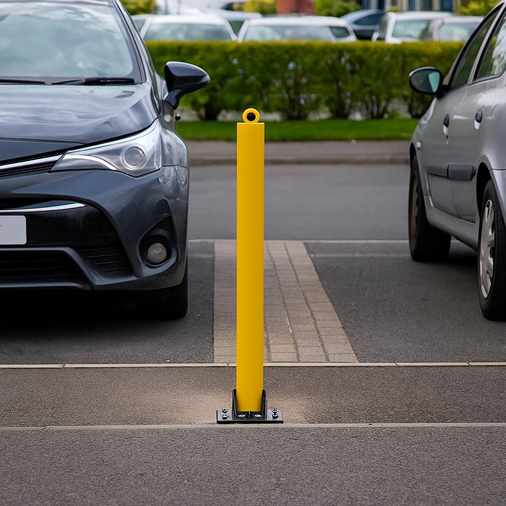Yellow Fold-Down Parking Post with Ground Spigot & Integral Lock 2