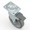 Zinc Plated Swivel Retail Castor Wheel with Brake - Grey Rubber & 4-Hole Top Plate