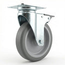 Zinc Plated Swivel Retail Castor Wheel with Brake - Grey Rubber & 4-Hole Top Plate