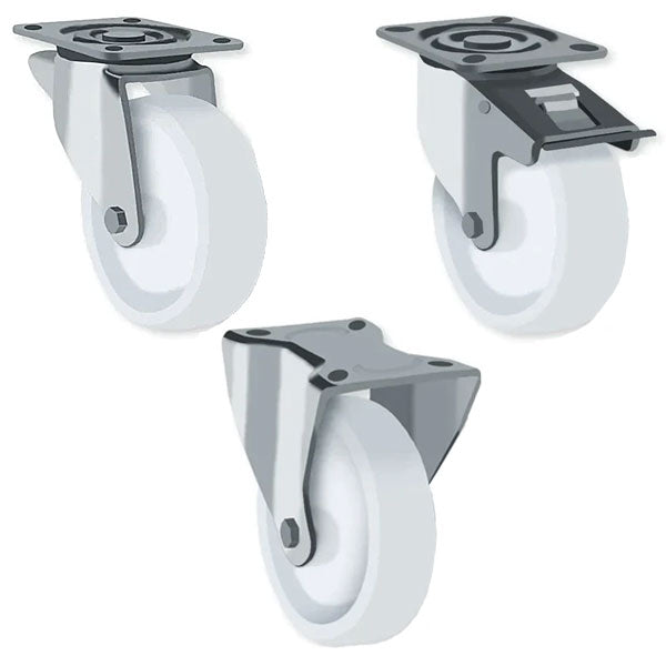 Light Gray 100mm Stainless Steel Swivel, Fixed & Total Stop Braked Castor with Nylon Wheel 200kg Load Capacity