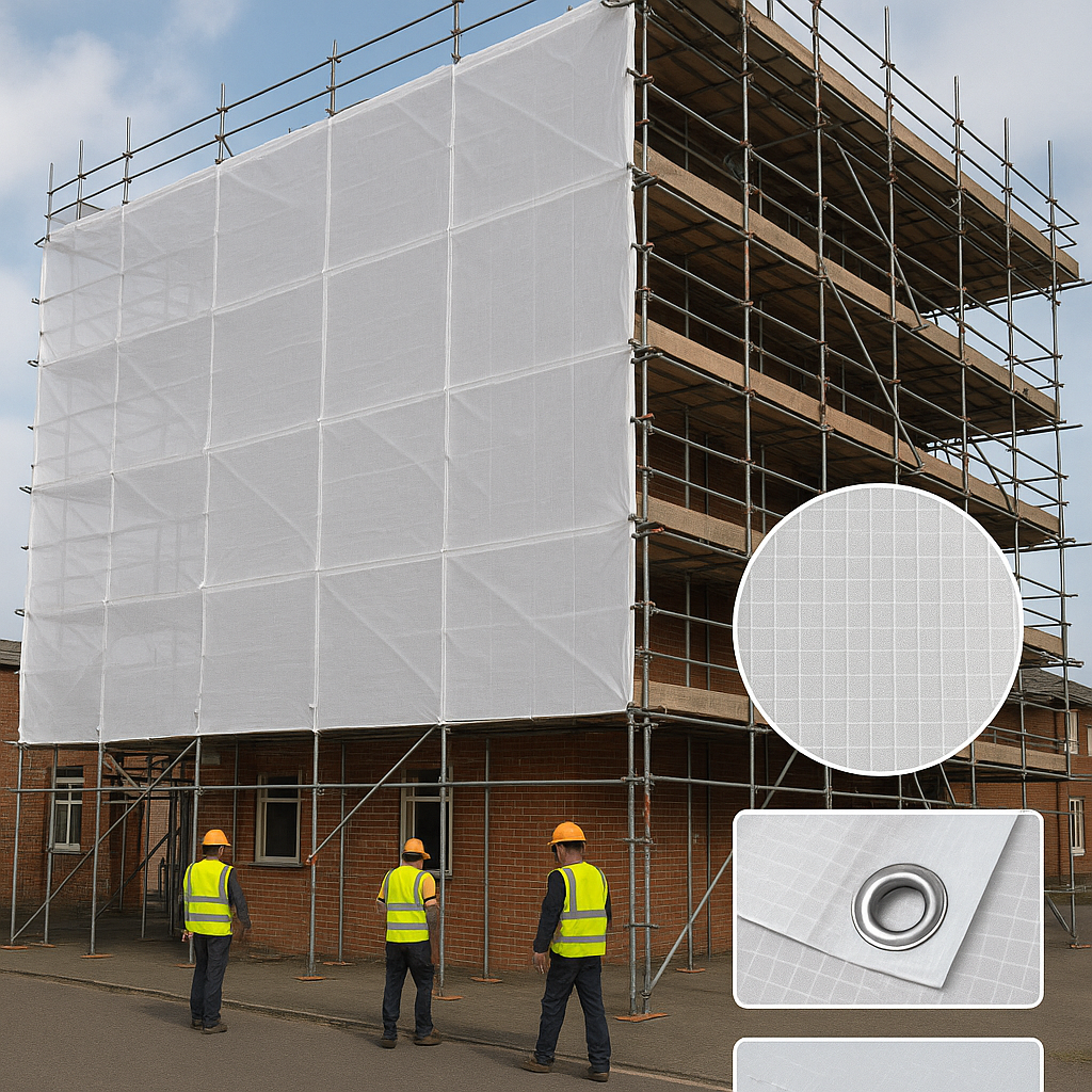 Gray Heavy-Duty Flame Retardant Scaffold Sheeting – 45 m Roll | Class B-s1-d0 Fire-Rated | Reinforced & UV-Stabilised Weather Protection for Construction Sites