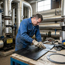 Nitrile rubber sheet being cut for industrial gasket in plant room - oil resistant