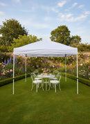 Heavy duty steel frame gazebo assembled in British garden as party shelter