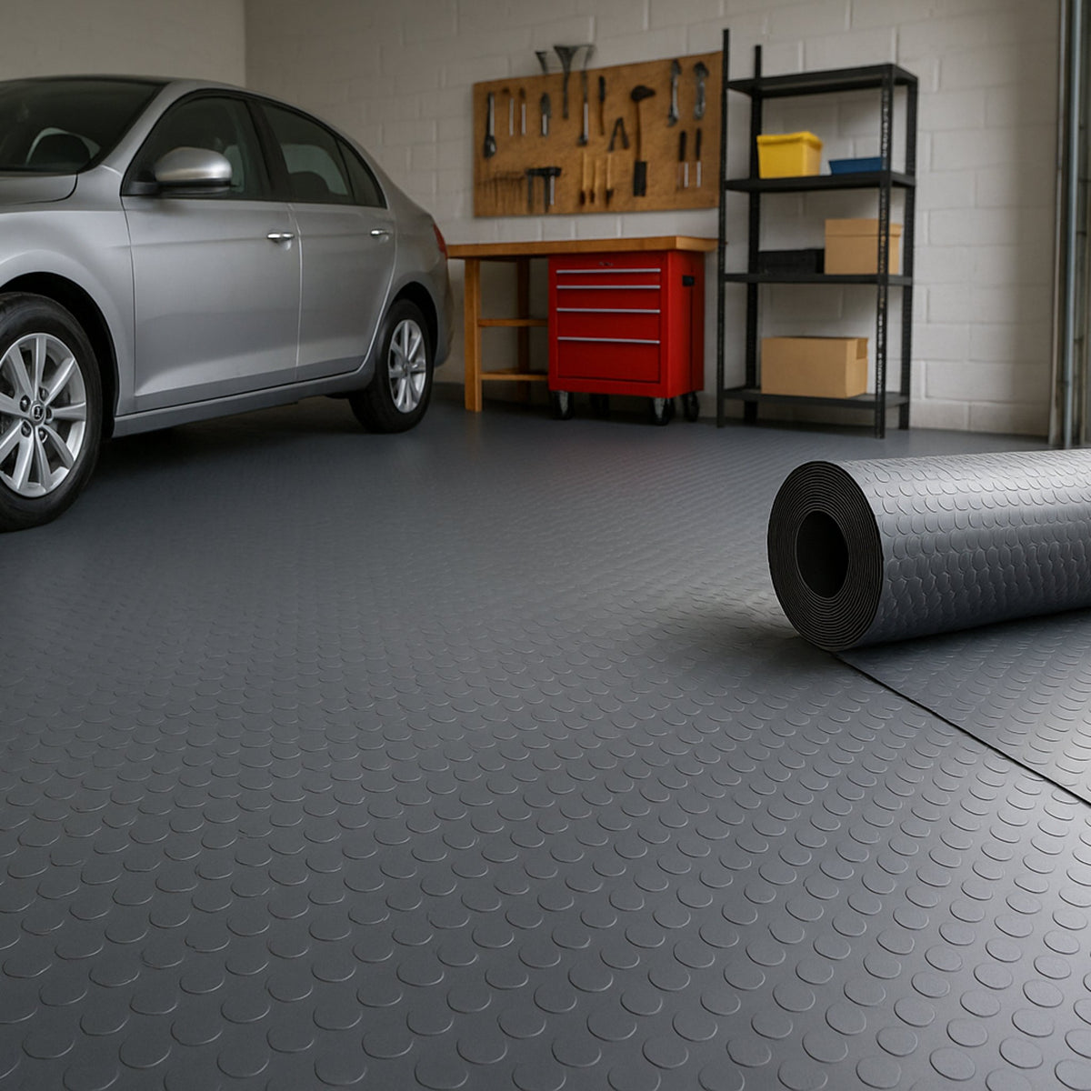 Dim Gray Non-Slip Heavy Duty Rubber Flooring Roll – Studded Dot Penny Pattern 3mm–6mm Thick R11 Slip Rated, Oil Resistant