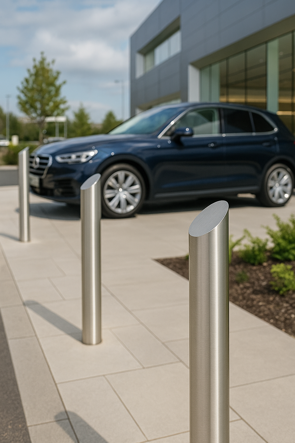 Dark Gray Stainless Steel Mitre Top Bollard – 1000mm Height | 304-Grade Brushed Finish | Architectural Security Post for Car Parks & Building Entrances
