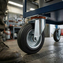 Black 200mm Pressed Steel Swivel Castor Wheel - Black Rubber & 4-Hole Plate - 180kg Load Capacity