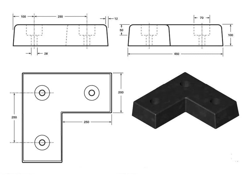 Light Gray L Shape Rubber Dock Bumper - 450 x 450 x 100 mm