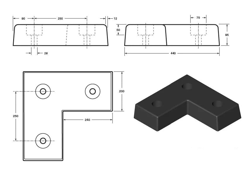 Light Gray L Shaped Rubber Dock Bumper 440 x 440 x 95mm